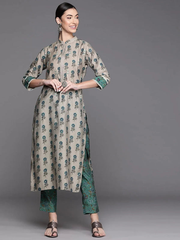 Grey Printed Chanderi Silk Kurta - Jashvi