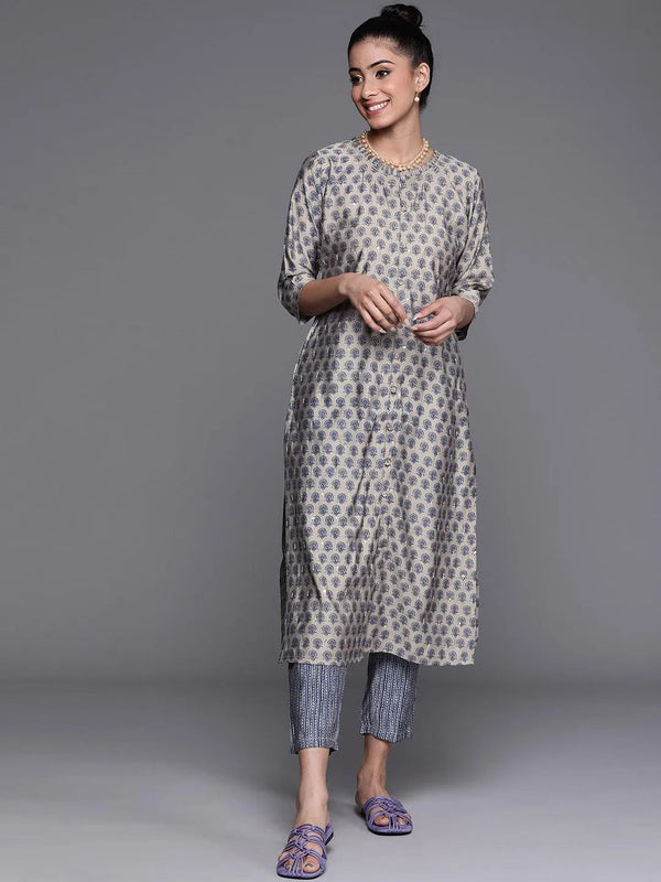 Grey Printed Chanderi Silk Kurta - Jashvi