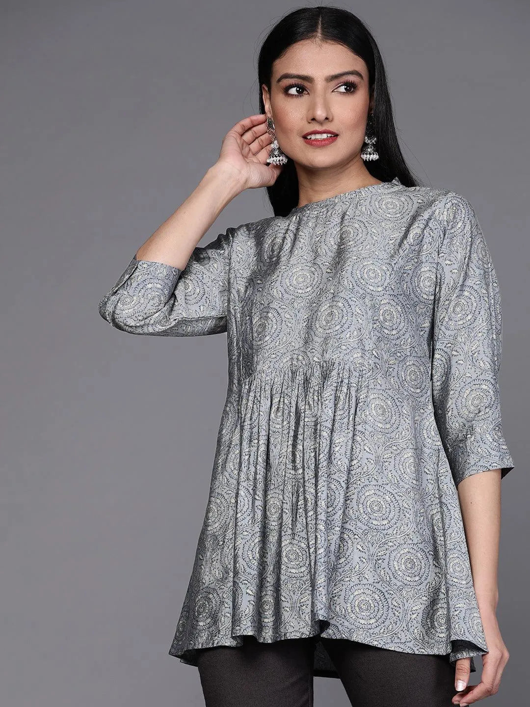 Grey Printed Chanderi Silk Kurti - Jashvi