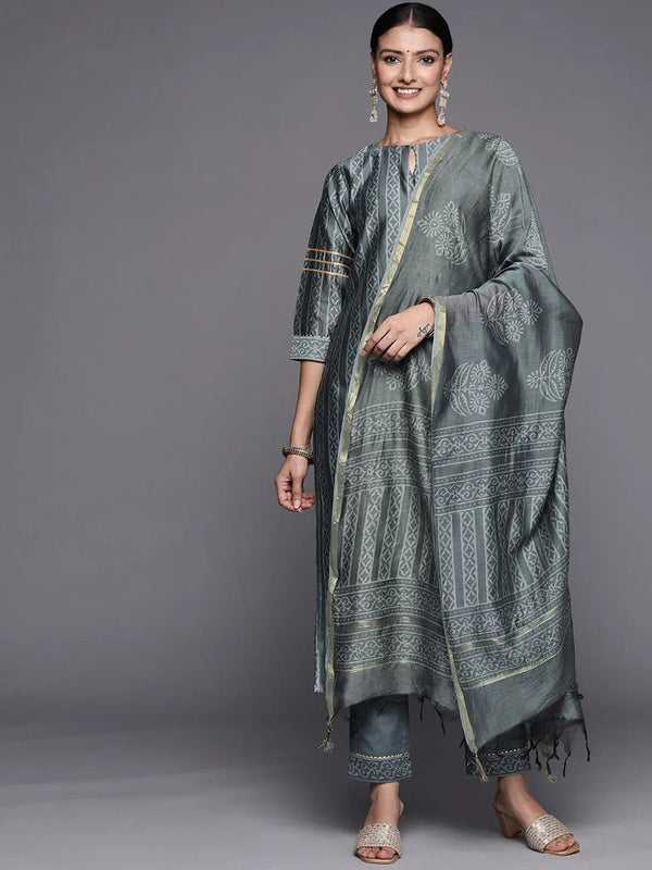 Grey Printed Chanderi Silk Straight Suit Set - Jashvi