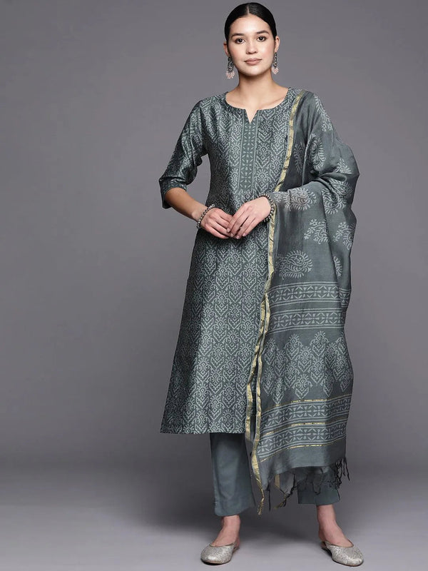 Grey Printed Chanderi Silk Straight Suit Set With Trousers - Jashvi