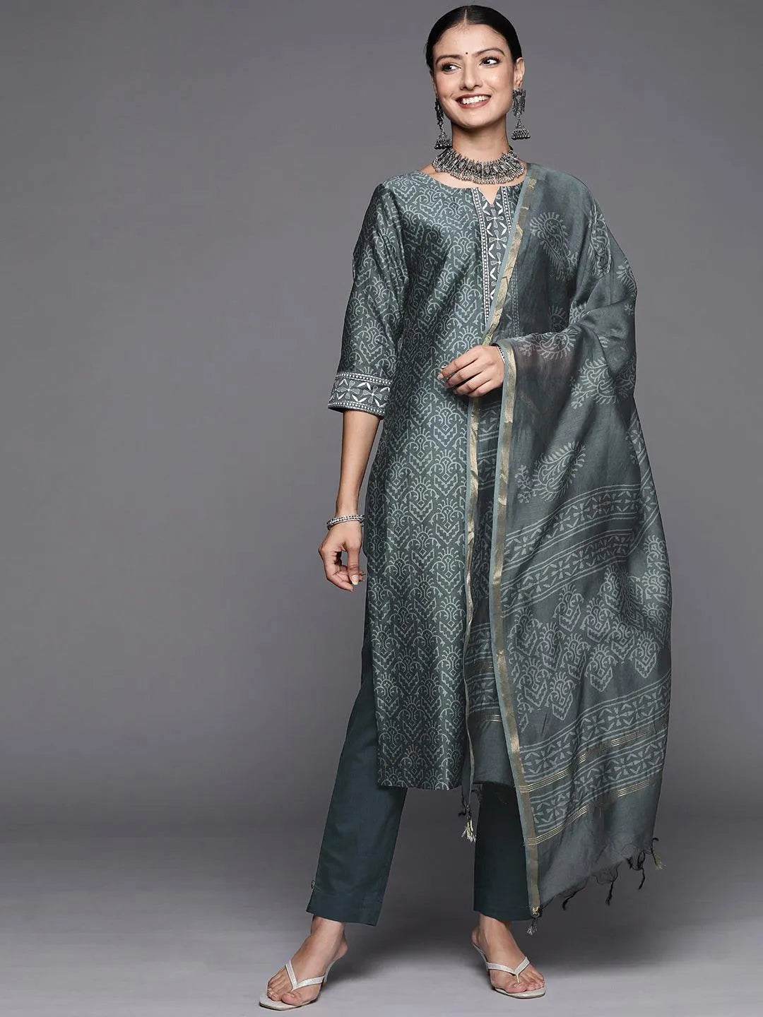 Grey Printed Chanderi Silk Straight Suit Set - Jashvi