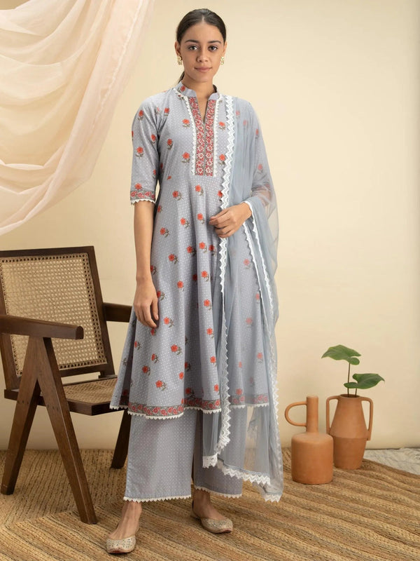 Grey Printed Cotton Suit Set - Jashvi