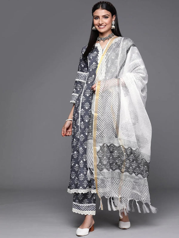 Grey Printed Cotton Suit Set - Jashvi