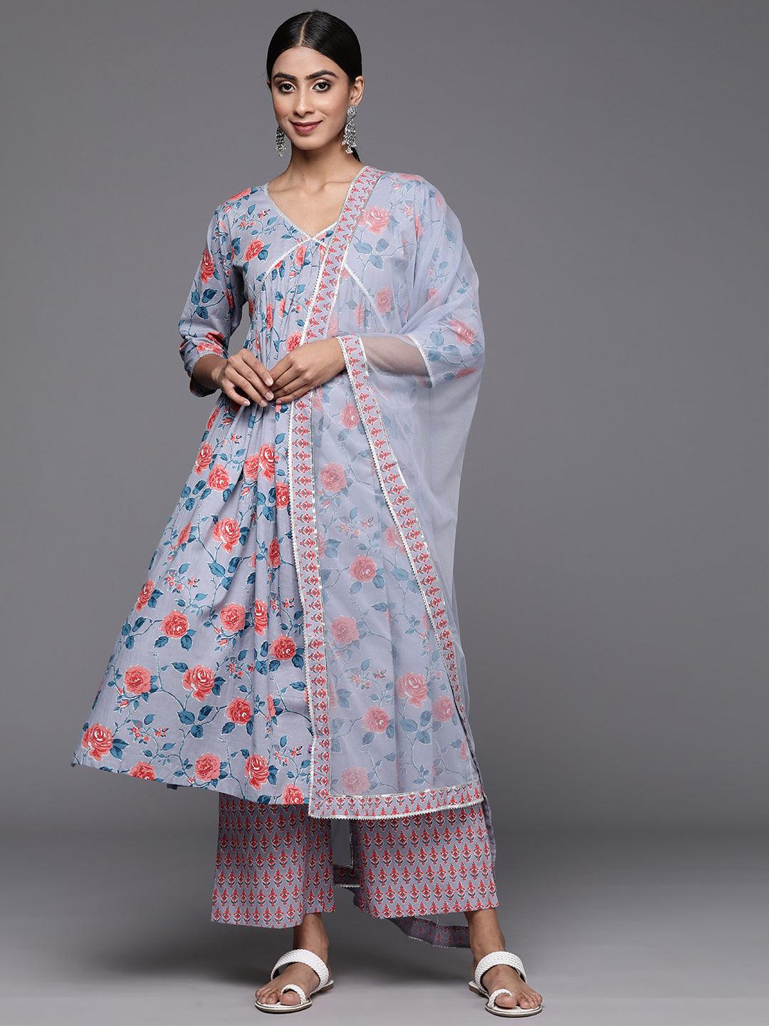 Grey Printed Cotton A-Line Kurta With Palazzos & Dupatta - Jashvi