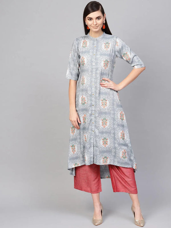 Grey Printed Cotton Blend Kurta Set - Jashvi