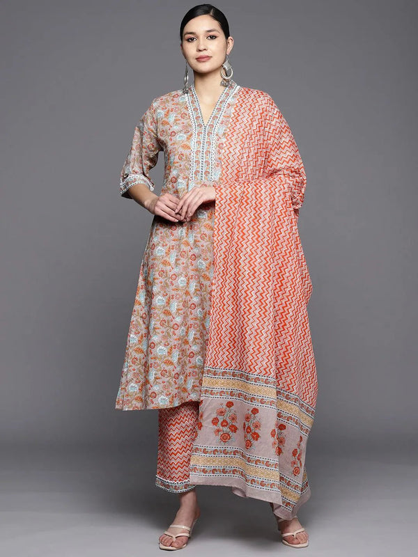 Grey Printed Cotton A-Line Suit Set With Trousers - Jashvi