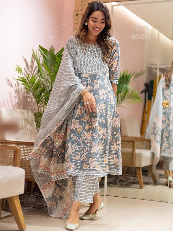 Grey Printed Cotton Suit Set - Jashvi