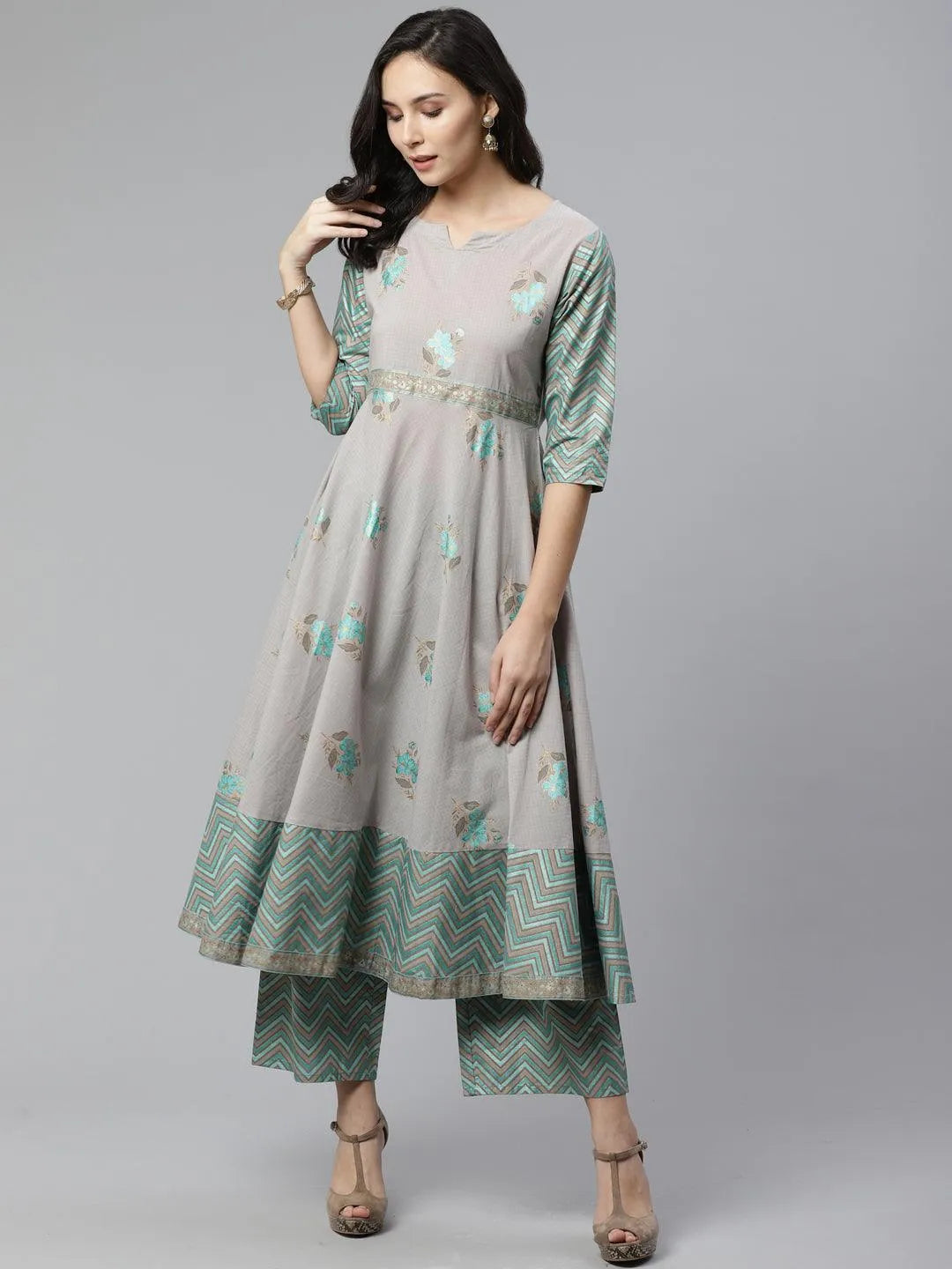 Grey Printed Cotton Kurta Set - Jashvi