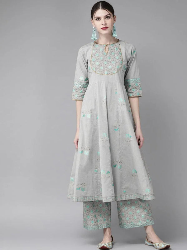 Grey Printed Cotton Kurta Set - Jashvi