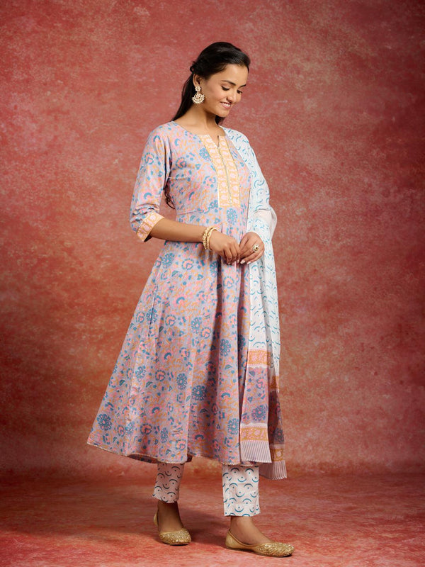 Grey Printed Cotton Anarkali Kurta With Trousers & Dupatta - Jashvi