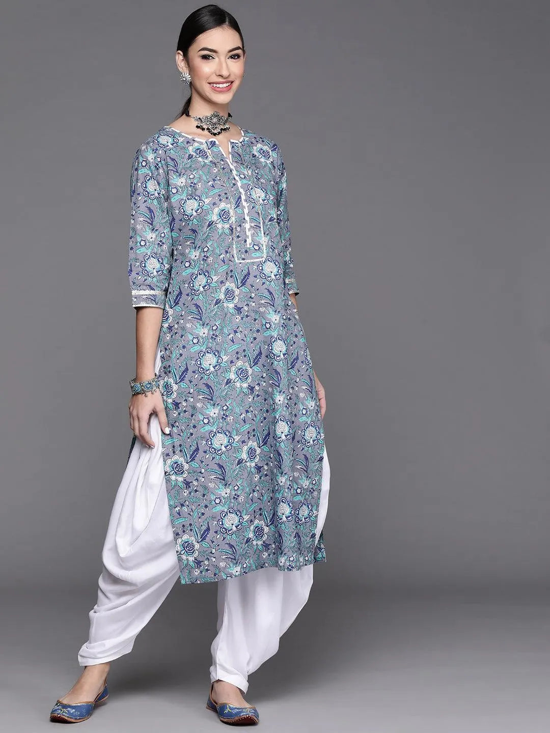 Grey Printed Cotton Kurta - Jashvi