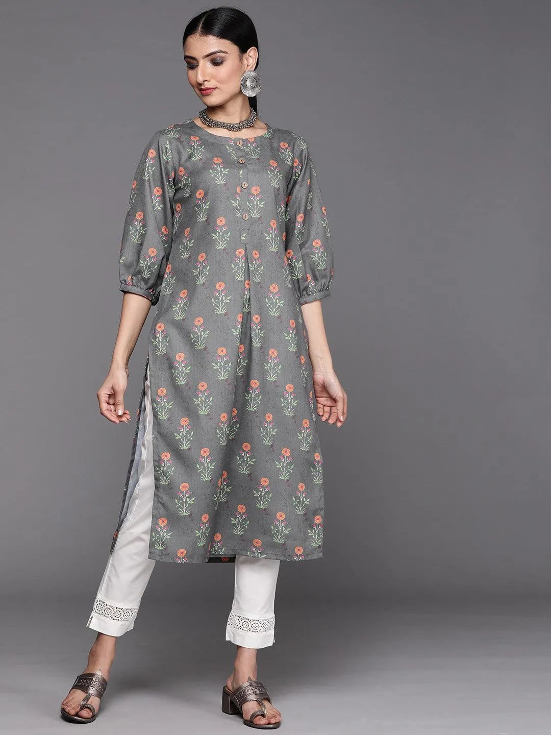 Grey Printed Cotton Kurta - Jashvi