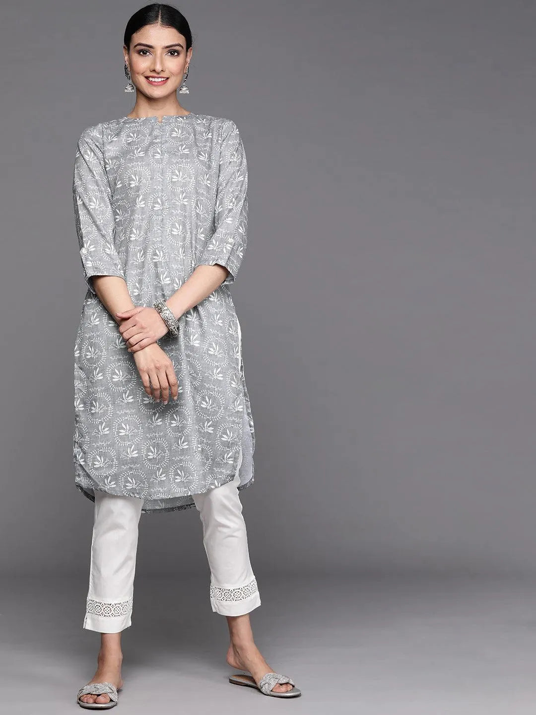 Grey Printed Cotton Kurta - Jashvi