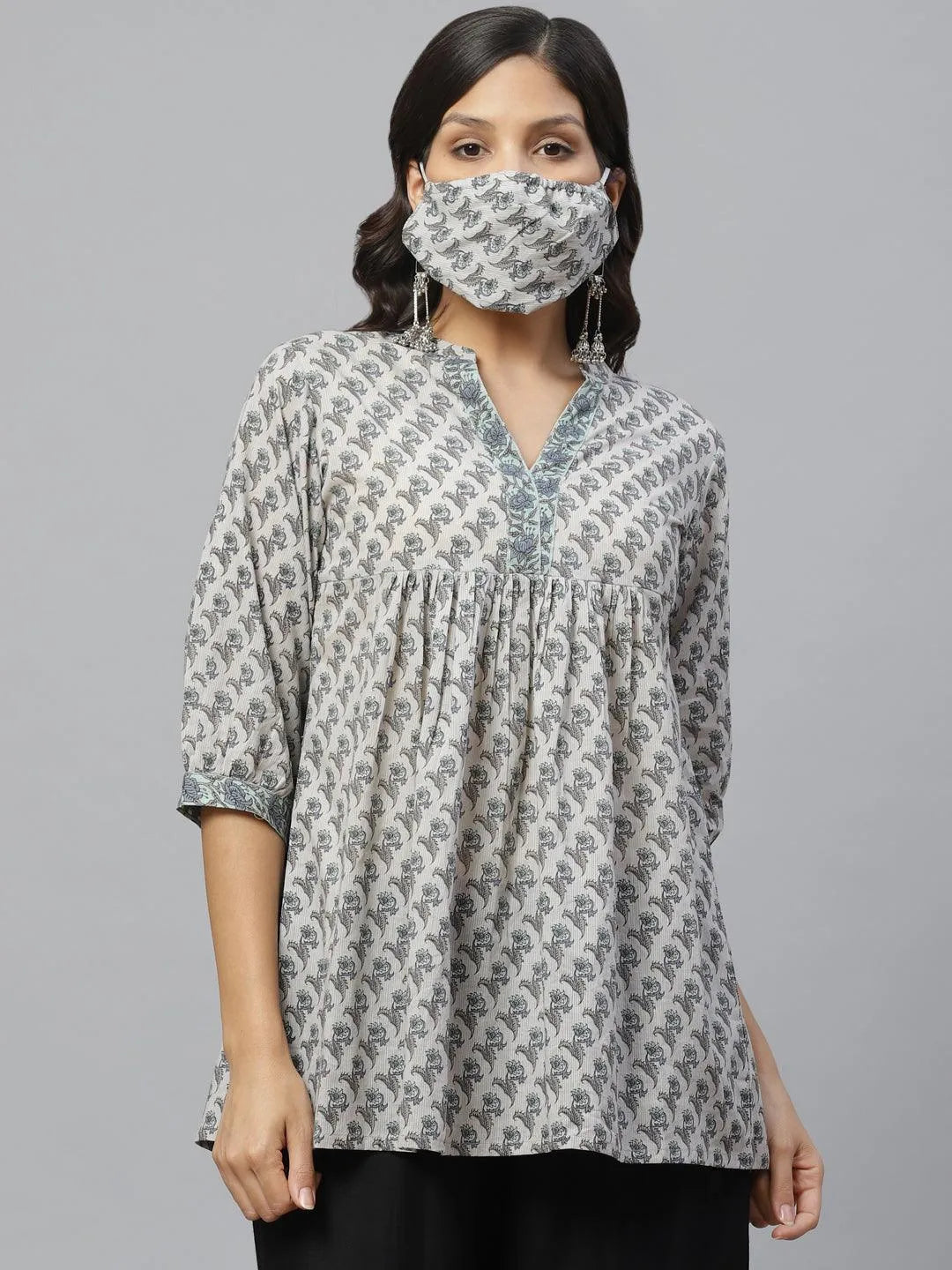 Grey Printed Cotton Kurti With Mask - Jashvi