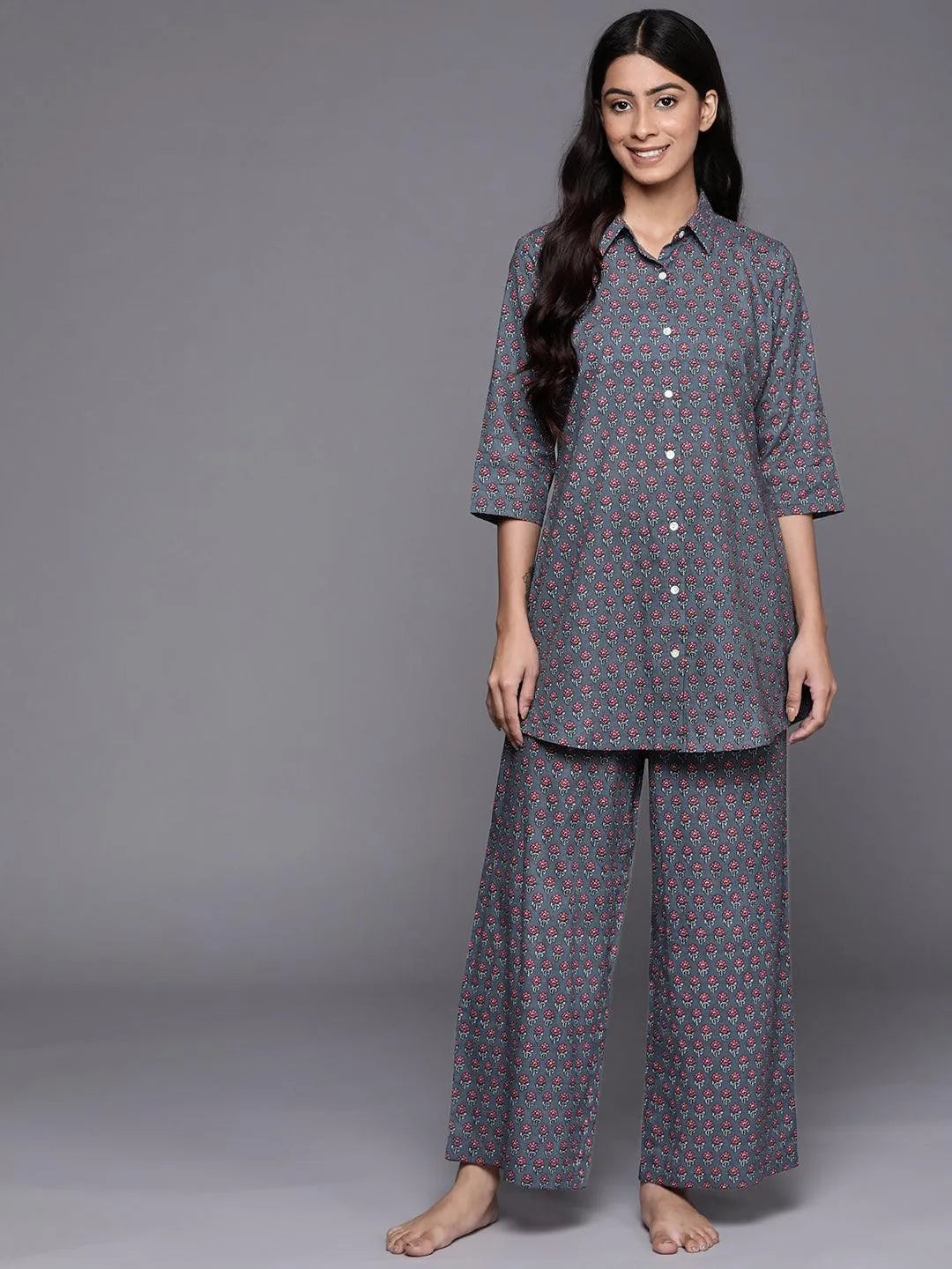 Grey Printed Cotton Night Suit - Jashvi