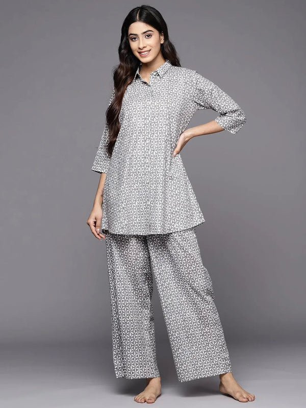 Grey Printed Cotton Night Suit - Jashvi