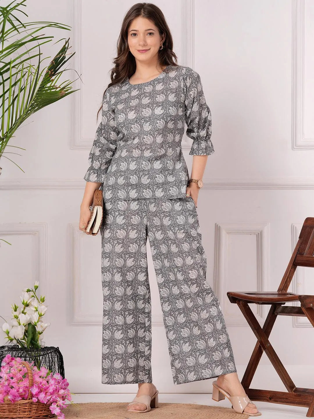 Grey Printed Cotton Night Suit - Jashvi