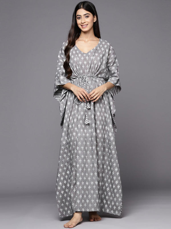 Grey Printed Cotton Nightdress - Jashvi