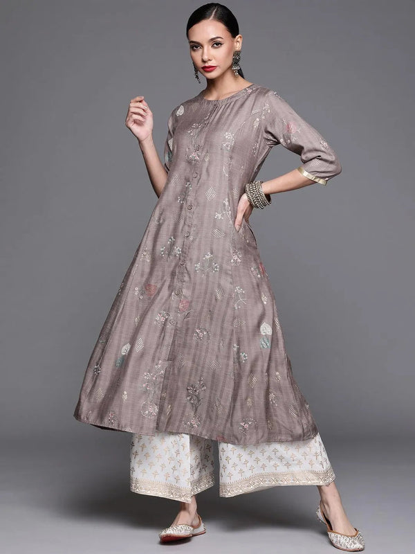 Grey Printed Cotton Silk Kurta - Jashvi