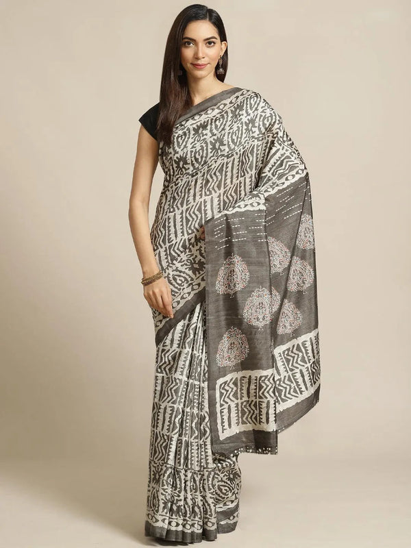 Grey Printed Cotton Silk Saree - Jashvi