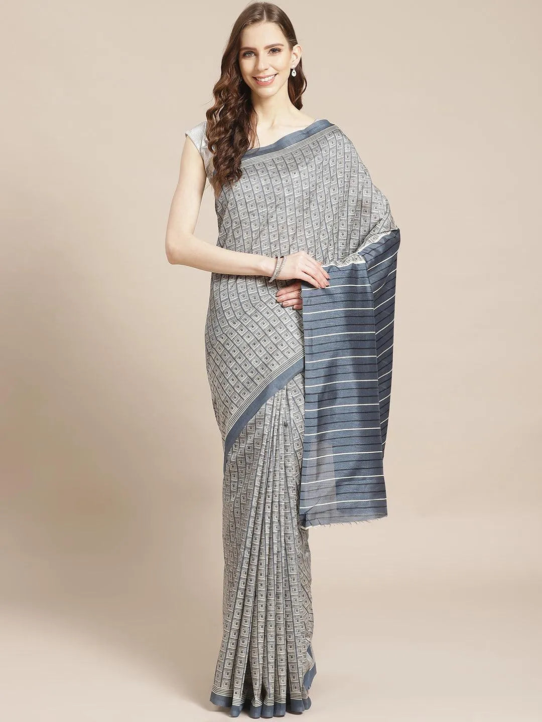 Grey Printed Cotton Silk Saree - Jashvi