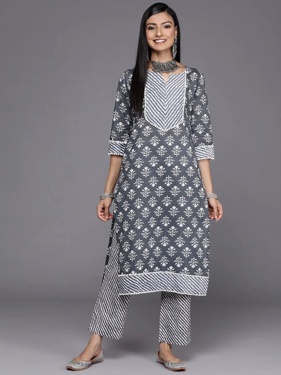 Grey Printed Cotton Straight Kurta - Jashvi