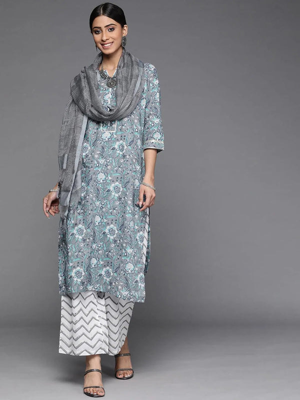 Grey Printed Cotton Suit Set - Jashvi