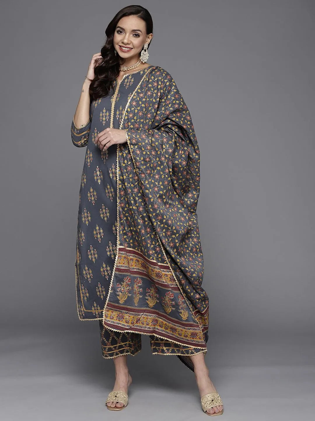 Grey Printed Cotton Straight Suit Set - Jashvi