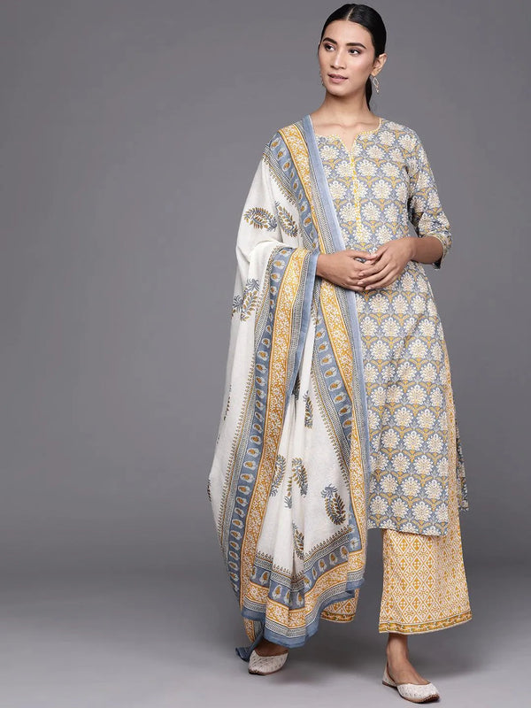 Grey Printed Cotton Suit Set - Jashvi