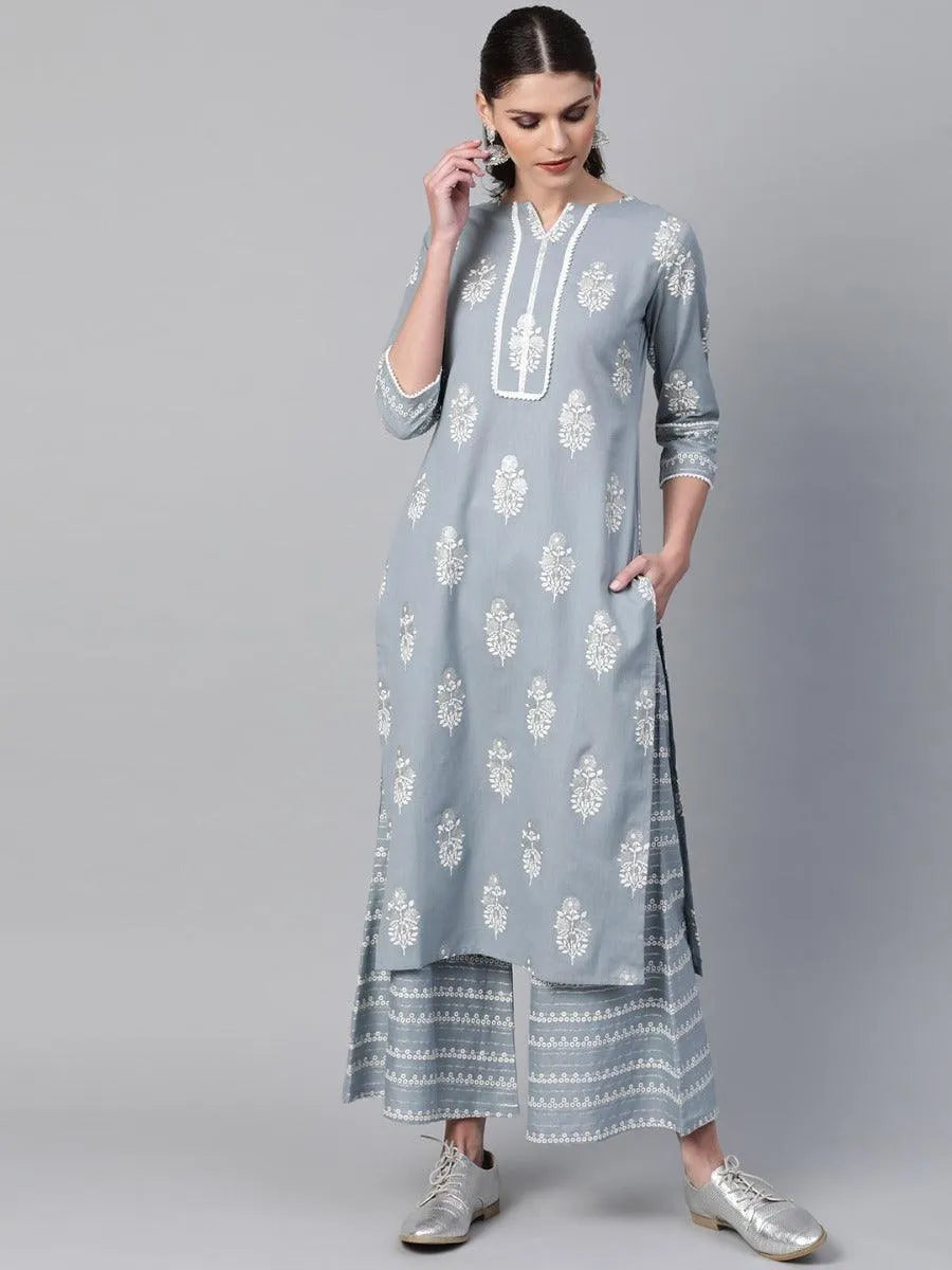 Grey Printed Cotton Kurta Set - Jashvi