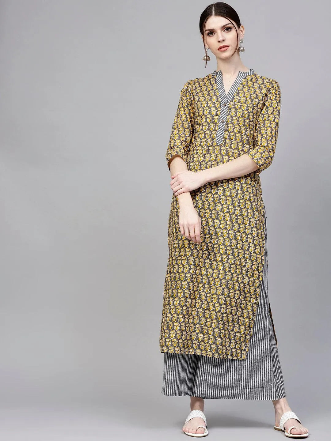 Grey Printed Cotton Kurta Set - Jashvi