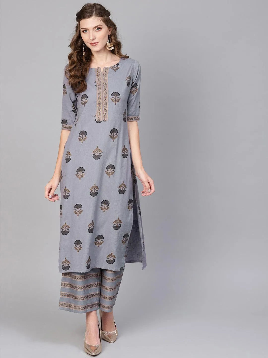 Grey Printed Cotton Kurta Set - Jashvi