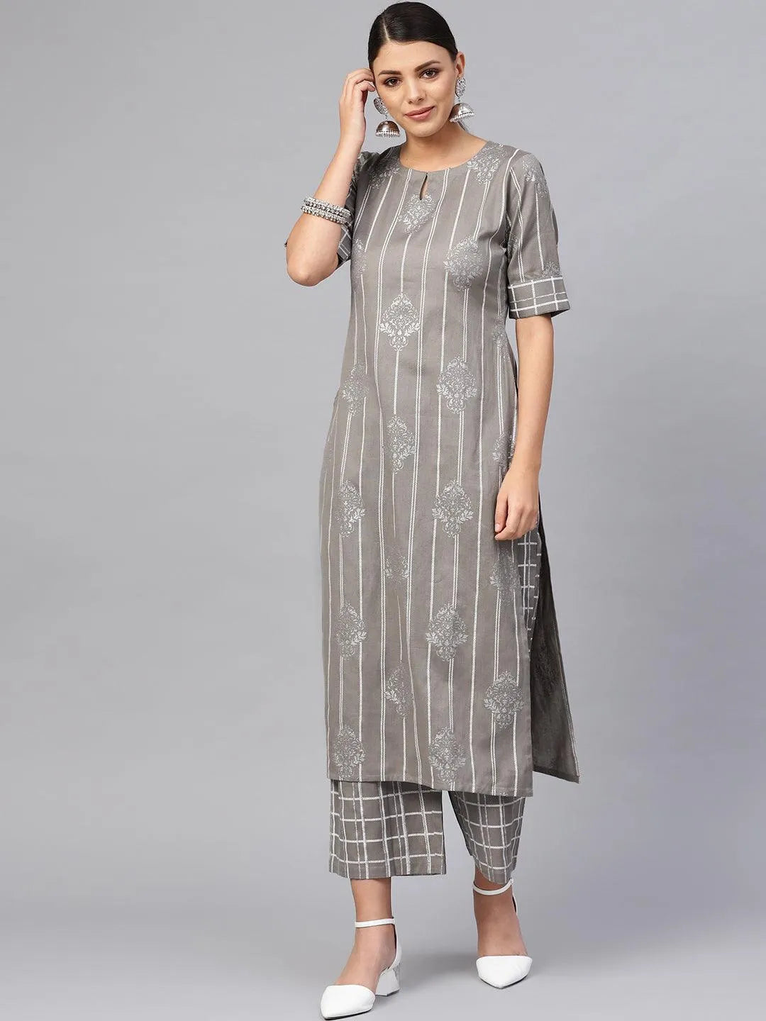 Grey Printed Cotton Kurta Set - Jashvi