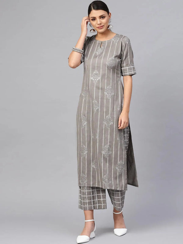 Grey Printed Cotton Kurta Set - Jashvi