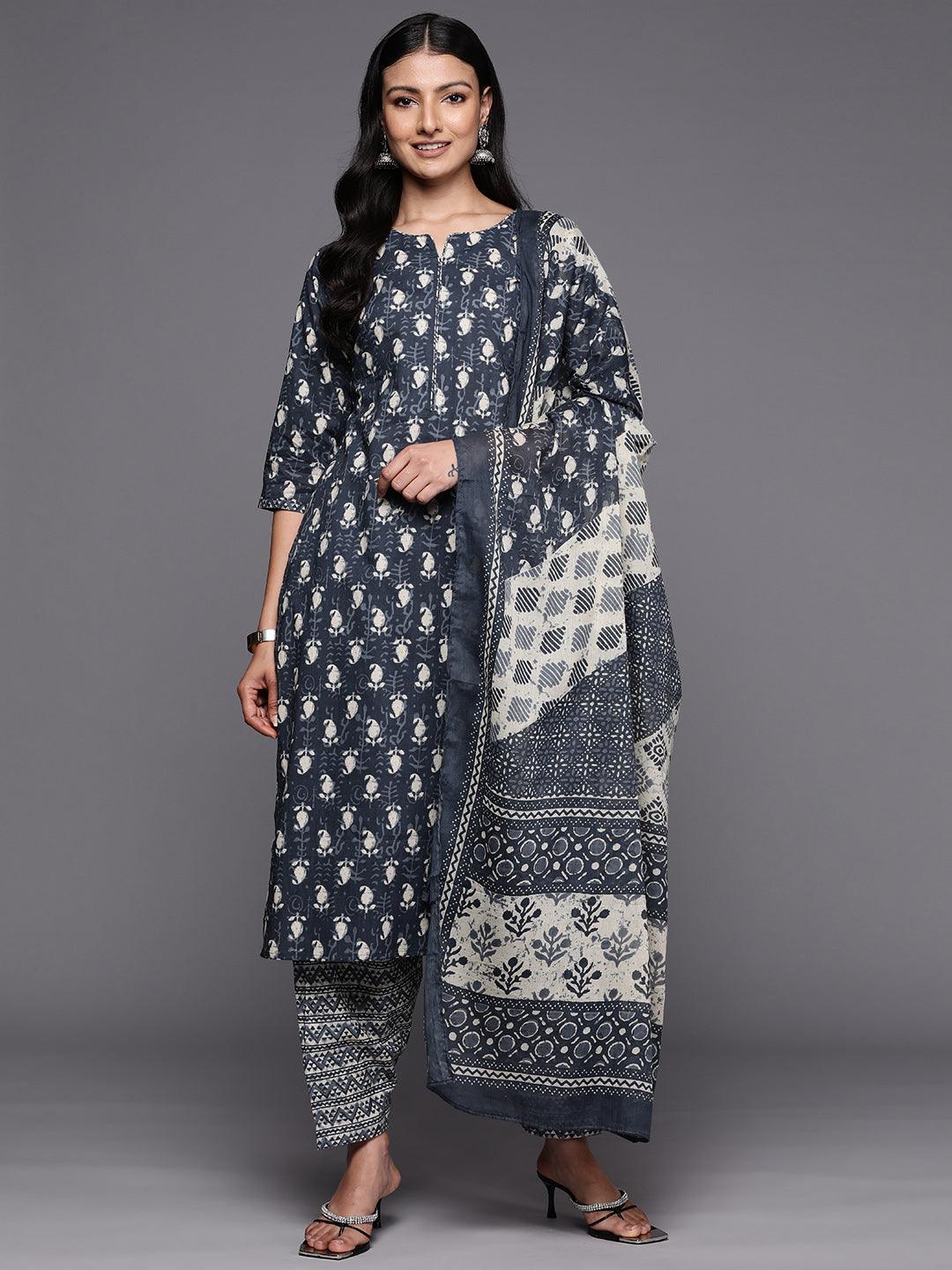 Grey Printed Cotton Straight Suit Set With Salwar - Jashvi