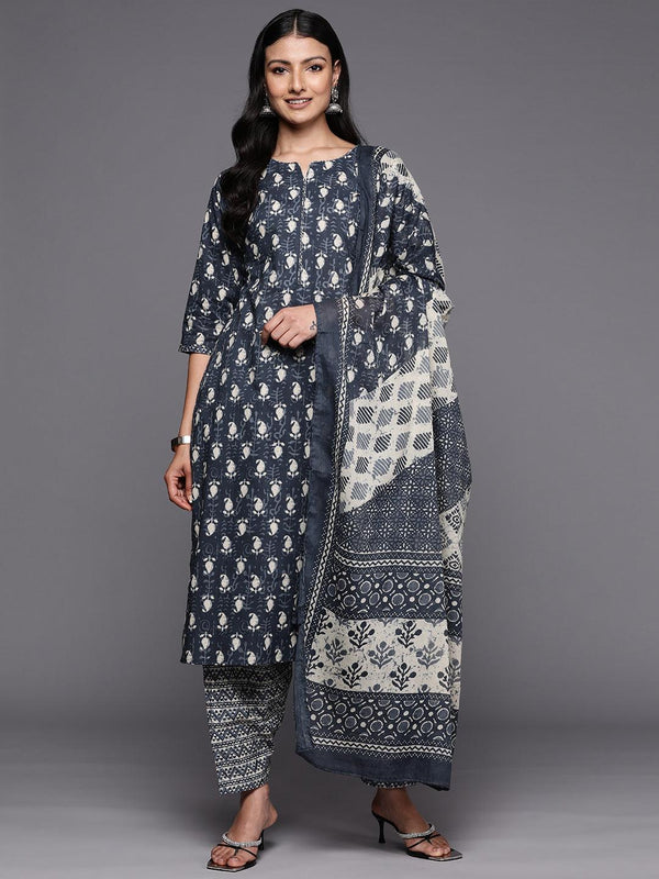 Grey Printed Cotton Straight Suit Set With Salwar - Jashvi