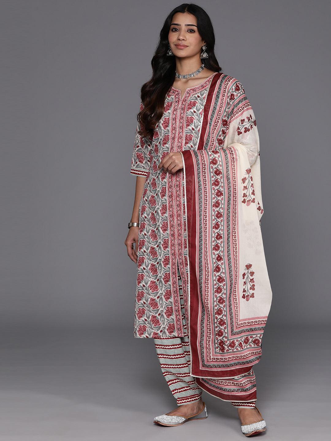 Grey Printed Cotton Straight Kurta With Salwar & Dupatta - Jashvi