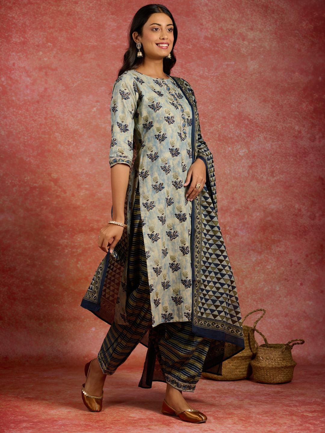 Grey Printed Cotton Straight Kurta With Salwar & Dupatta - Jashvi