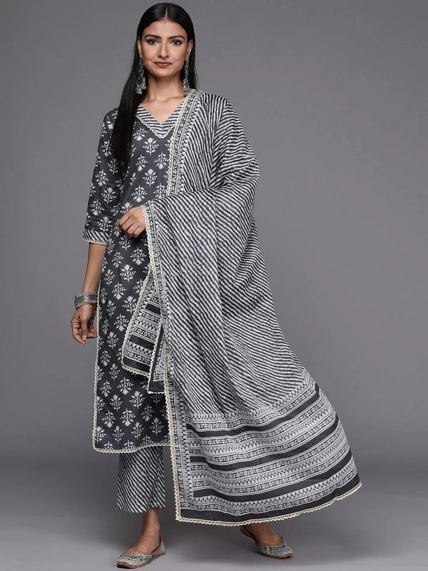 Grey Printed Cotton Straight Suit Set - Jashvi