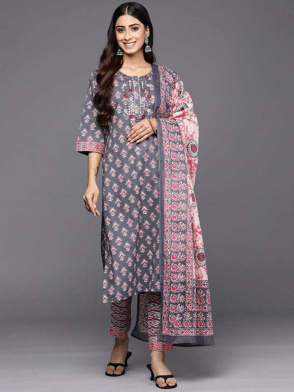 Grey Printed Cotton Straight Suit Set With Trousers - Jashvi