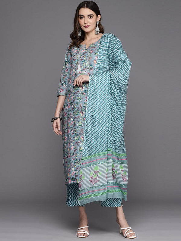 Grey Printed Cotton Straight Kurta With Trousers & Dupatta - Jashvi