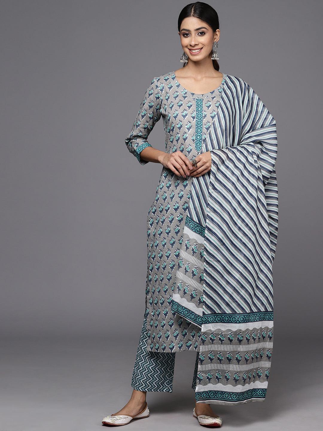 Grey Printed Cotton Straight Kurta With Trousers & Dupatta - Jashvi