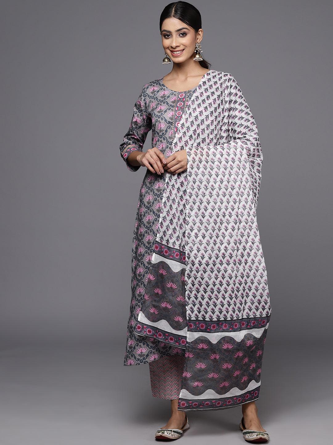 Grey Printed Cotton Straight Kurta With Trousers & Dupatta - Jashvi