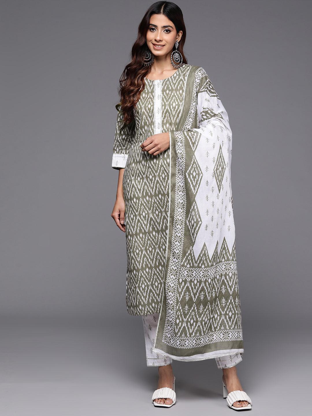 Grey Printed Cotton Straight Kurta With Trousers & Dupatta - Jashvi