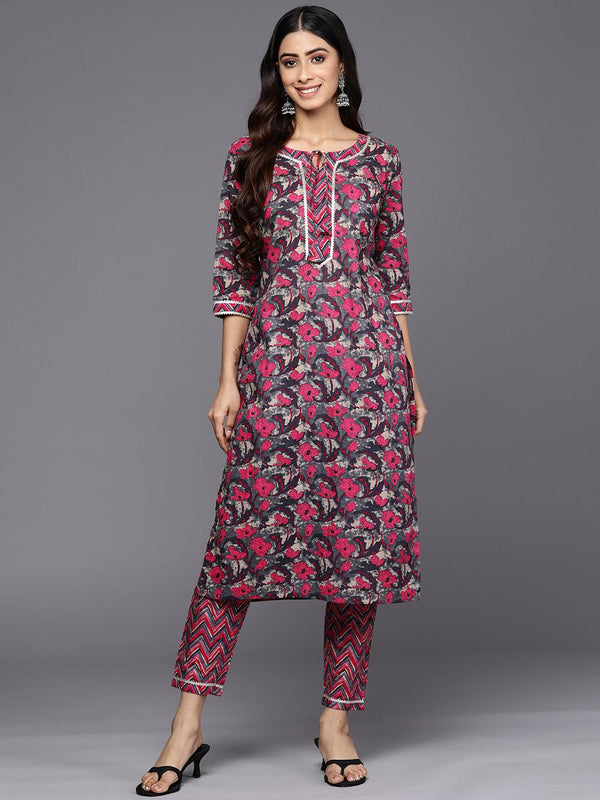 Grey Printed Cotton Straight Kurta Set With Trousers - Jashvi