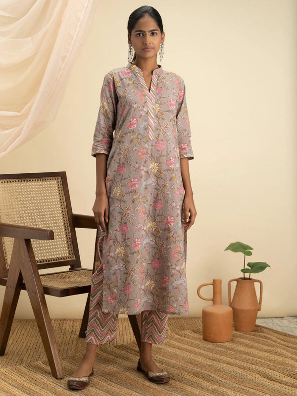 Grey Printed Cotton Kurta Set - Jashvi