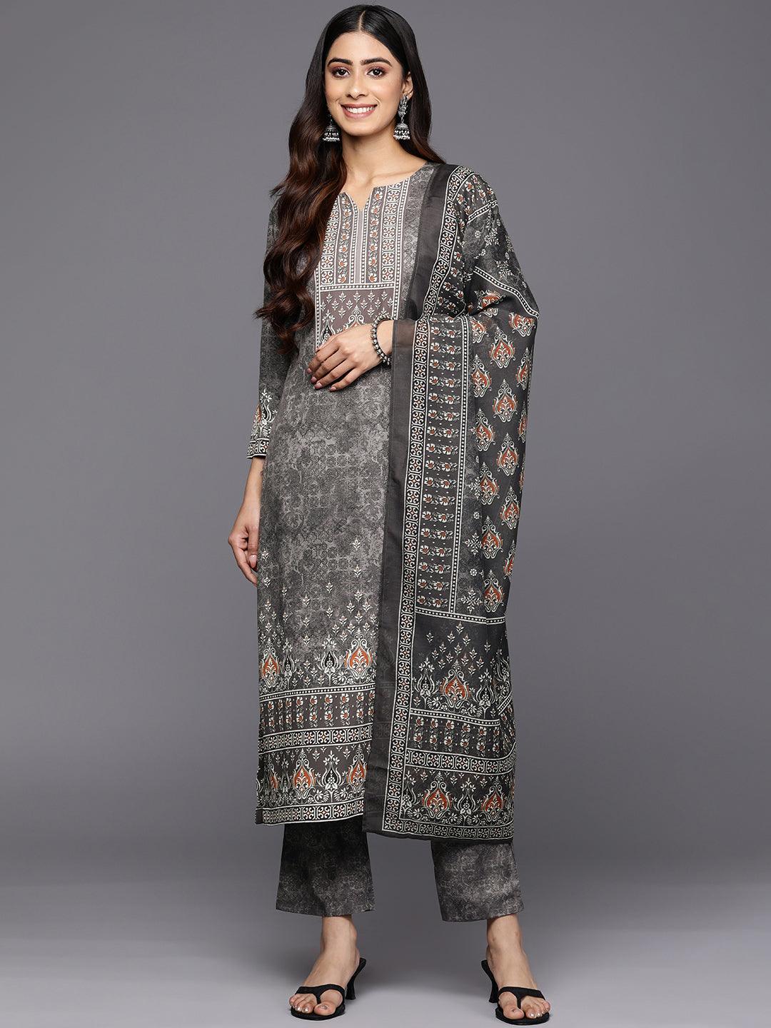 Grey Printed Crepe Straight Suit Set With Trousers - Jashvi