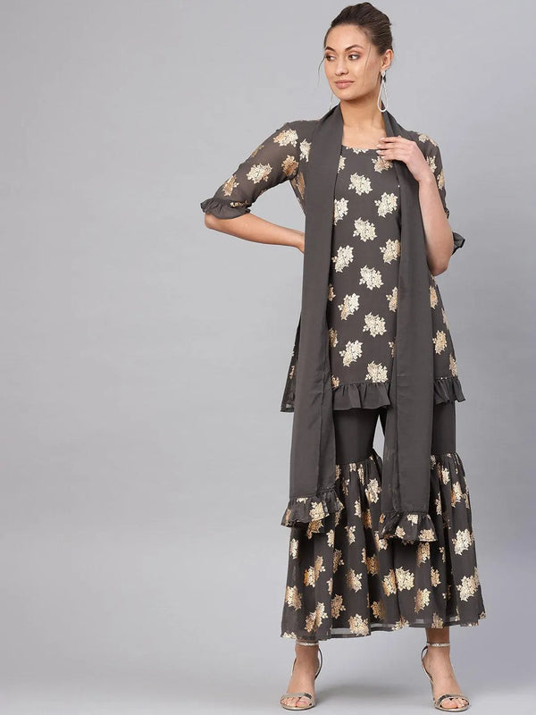 Grey Printed Georgette Suit Set - Jashvi