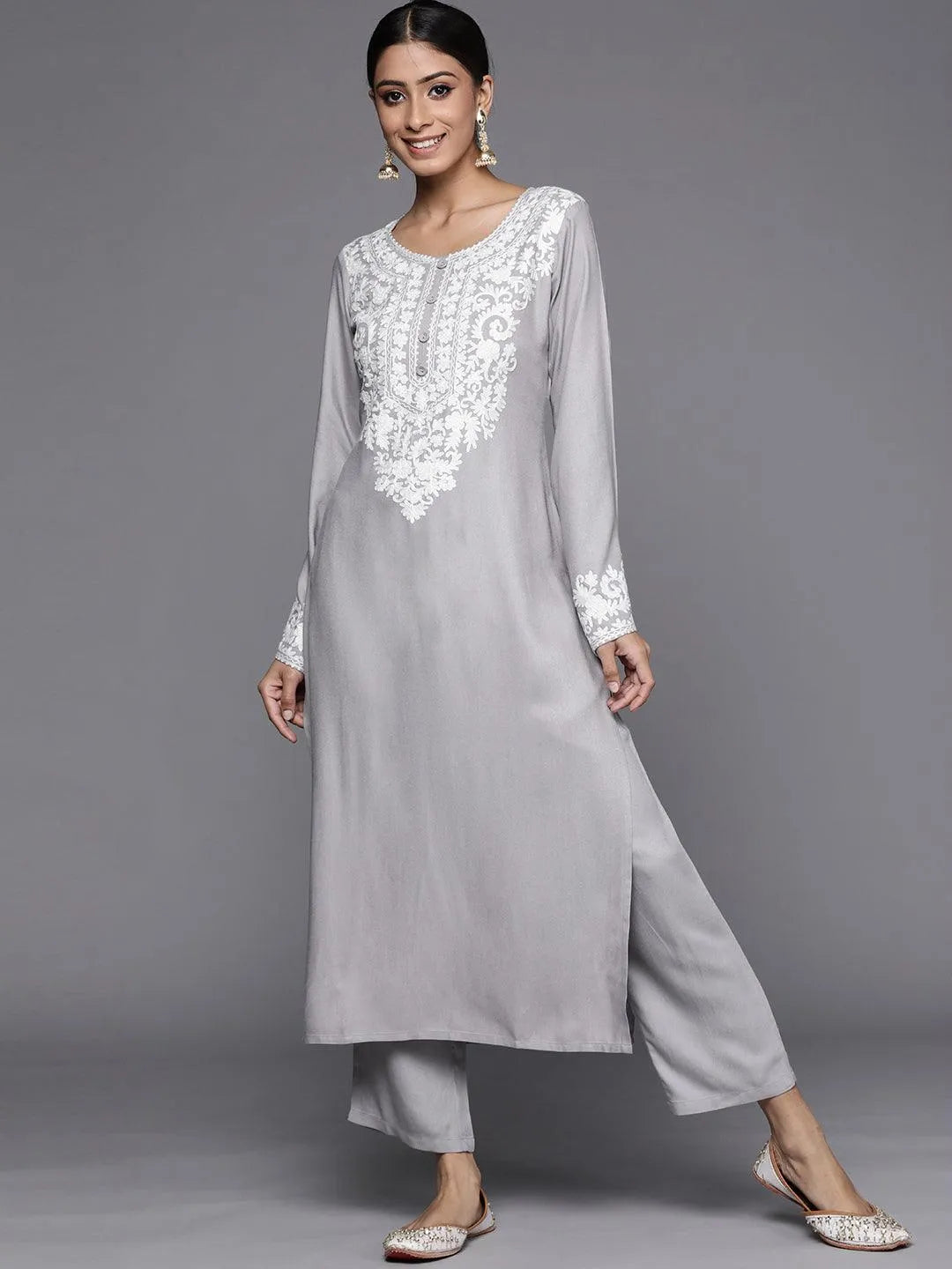 Grey Printed Pashmina Wool Kurta - Jashvi